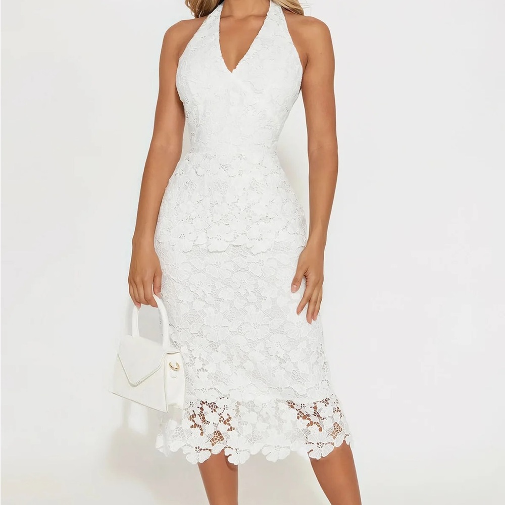 Fashion Nova White Lace Halter Midi Dress